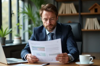 Homme d'affaires étudiant un rapport immobilier dans un bureau moderne