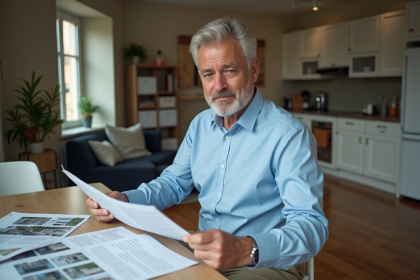 Homme d'âge moyen lisant des documents de location dans une cuisine