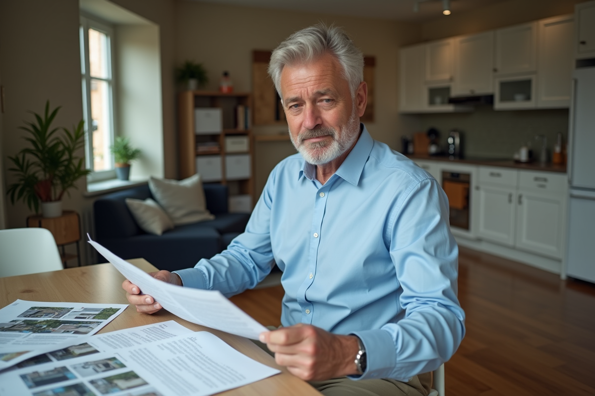 Homme d'âge moyen lisant des documents de location dans une cuisine