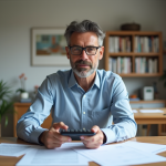 Homme d'âge moyen examinant des documents d'impôts dans un appartement moderne