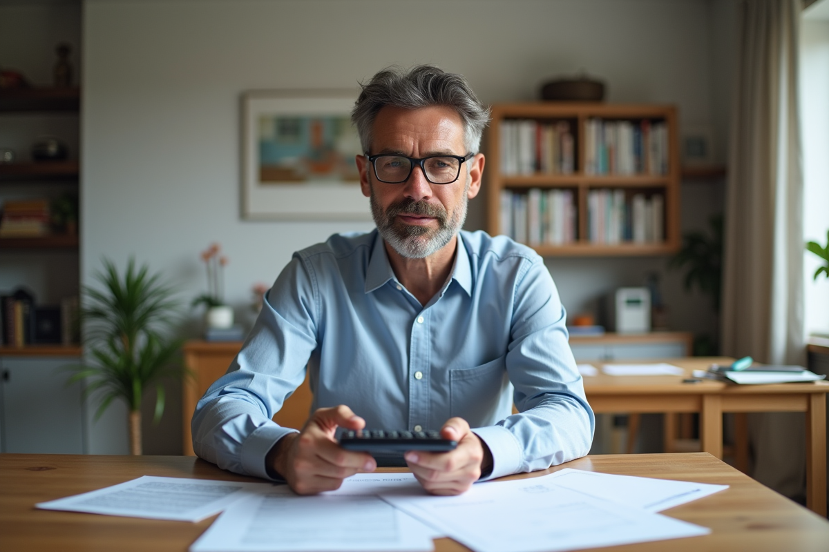 Homme d'âge moyen examinant des documents d'impôts dans un appartement moderne