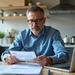 Homme d'âge moyen en bleu examine documents de prêt immobilier
