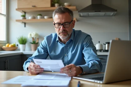 Homme d'âge moyen en bleu examine documents de prêt immobilier