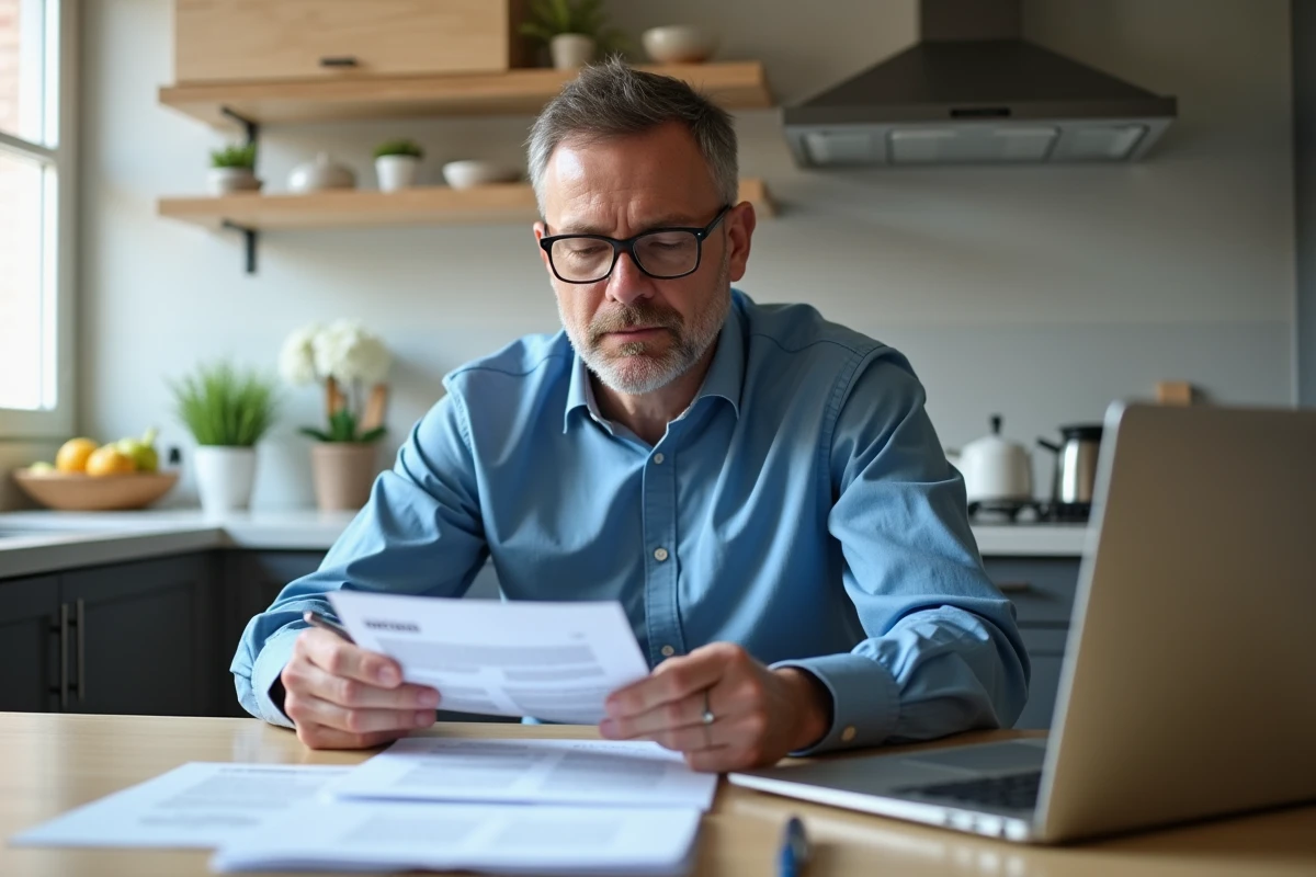 Homme d'âge moyen en bleu examine documents de prêt immobilier