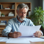 Homme d'âge moyen examinant documents d'impots dans un bureau