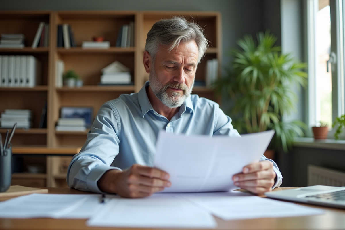 Homme d'âge moyen examinant documents d'impots dans un bureau