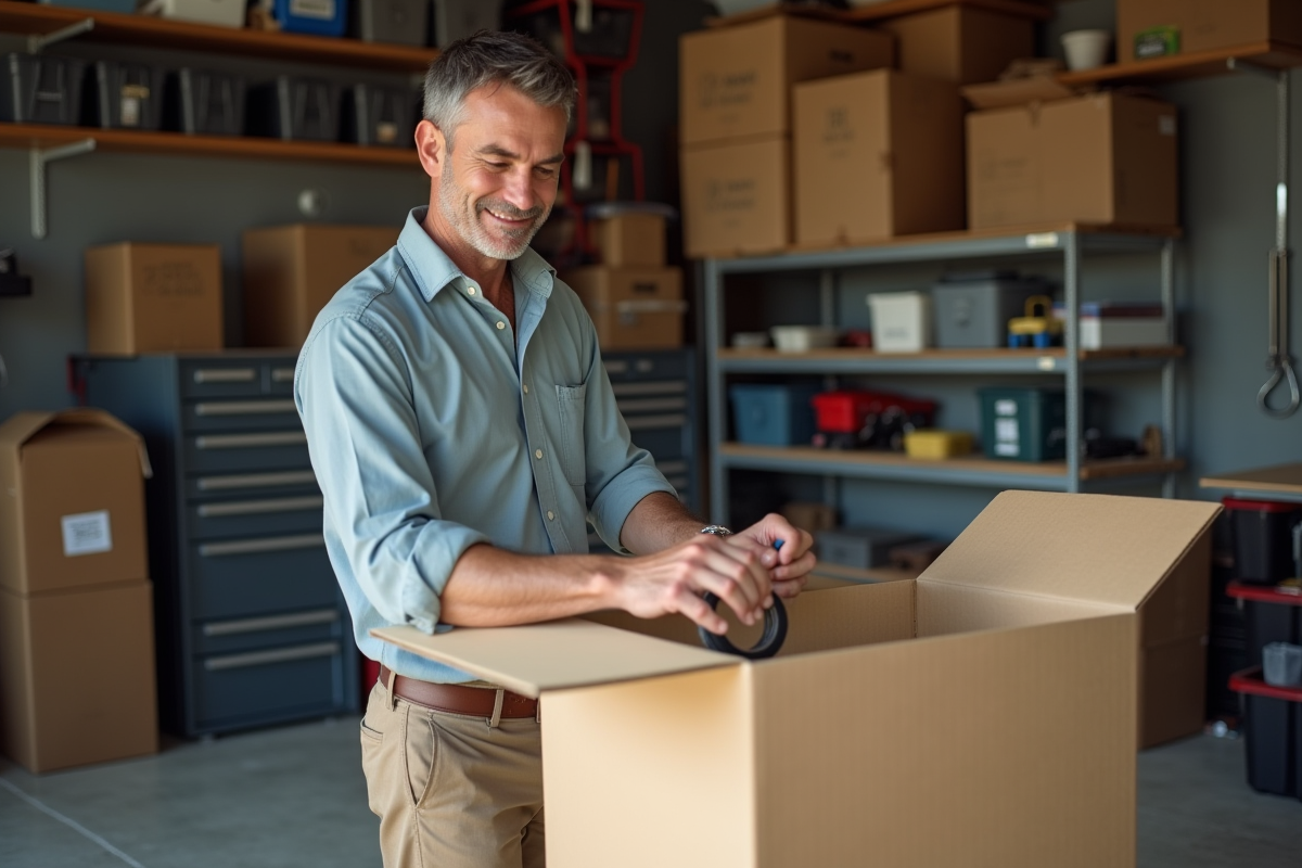 Homme scellant un carton dans un garage en mouvement