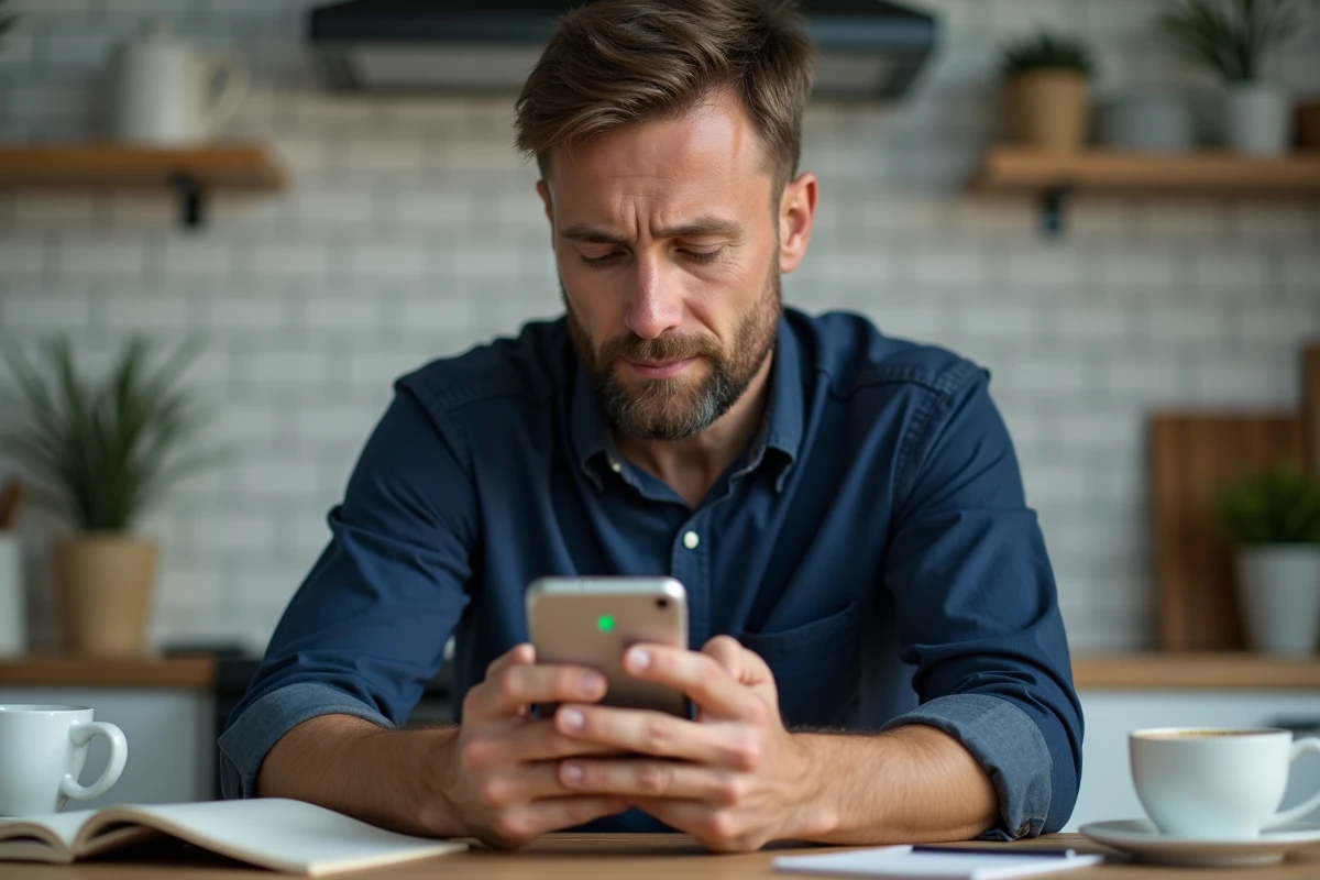 Homme soulagé consultant son smartphone après avoir résolu un problème de compte en ligne dans sa cuisine