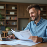 Homme souriant en tenue décontractée à la maison avec documents financiers