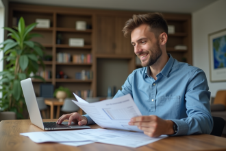 Homme souriant en tenue décontractée à la maison avec documents financiers