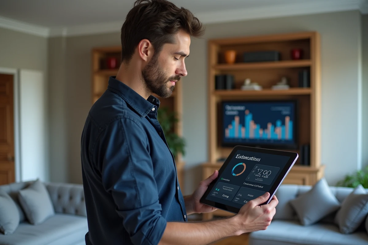 Homme consultant une estimation immobilière sur tablette dans un appartement avant la visite d'un agent