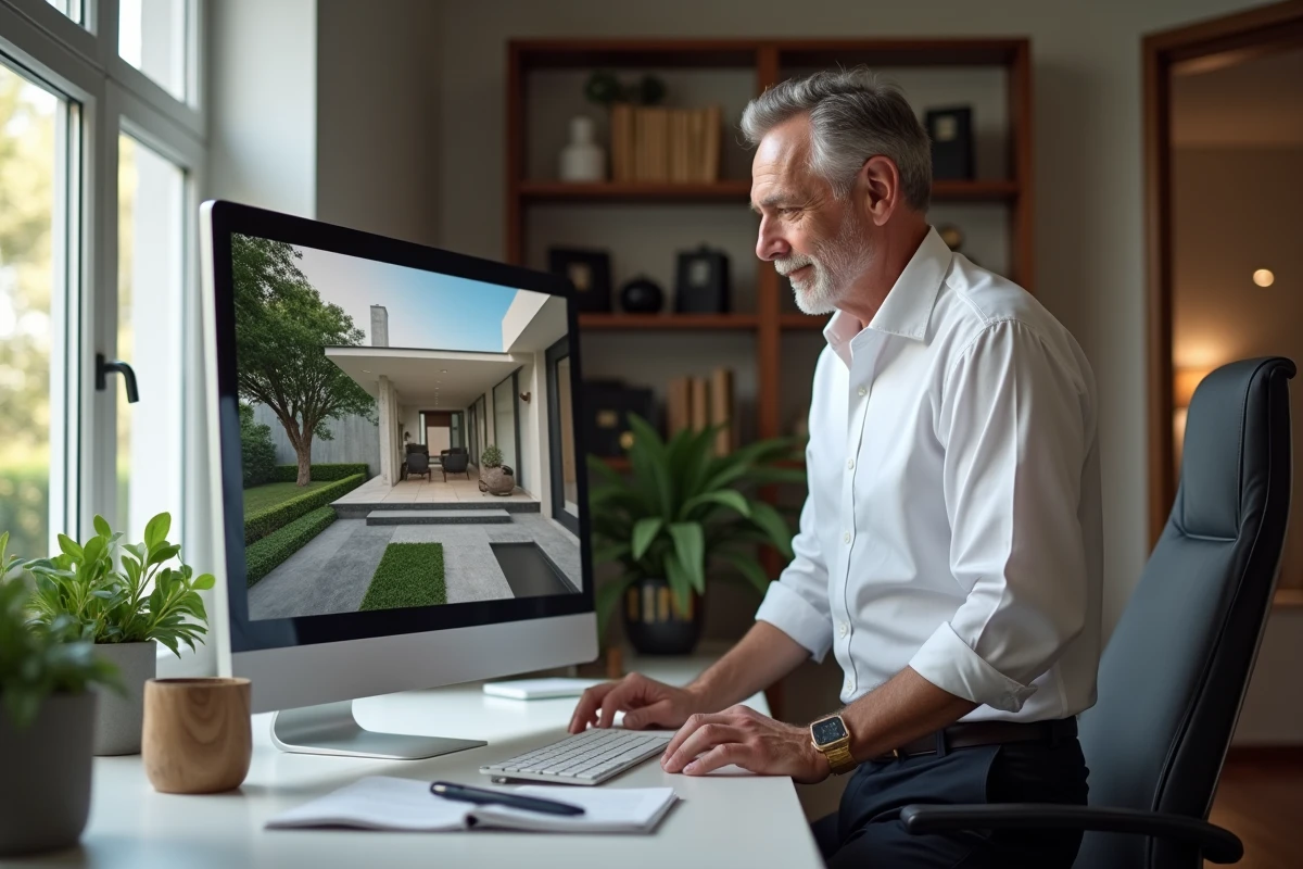 Homme regarde une visite virtuelle de propriété sur ordinateur