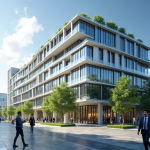 Bâtiment de bureau moderne avec façades en verre dans une ville dynamique