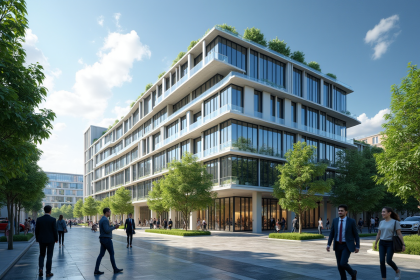 Bâtiment de bureau moderne avec façades en verre dans une ville dynamique