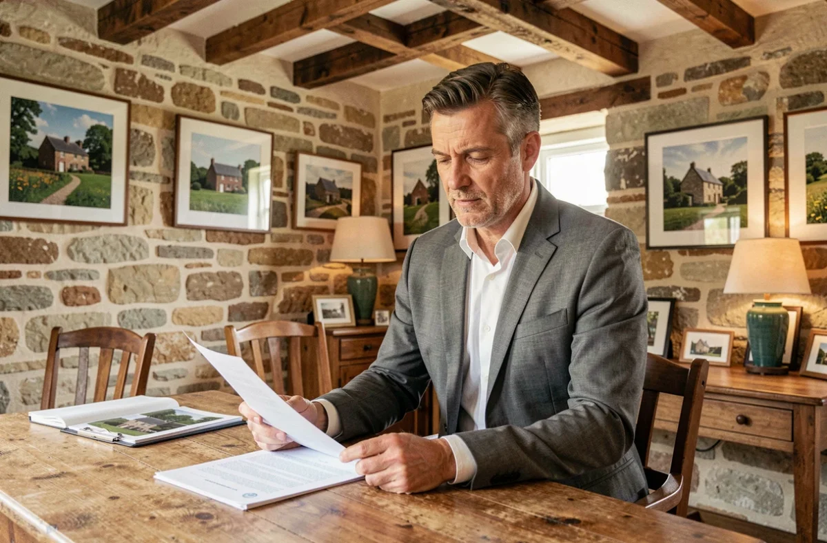 Agent immobilier Rémi Serais en costume gris consultant des documents dans un bureau aux murs en pierre typique de l'Orne