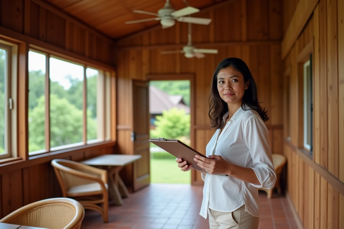 Femme expatriée inspectant l'intérieur d'une maison thaïlandaise en bois construite pour un petit budget avec liste de vérification