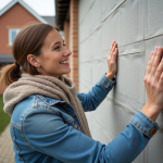 Jeune femme inspectant panneaux d'isolation extérieure