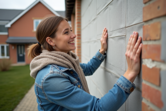 Jeune femme inspectant panneaux d'isolation extérieure