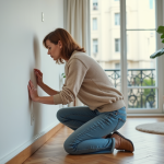 Femme française inspectant un mur blanc dans un salon parisien