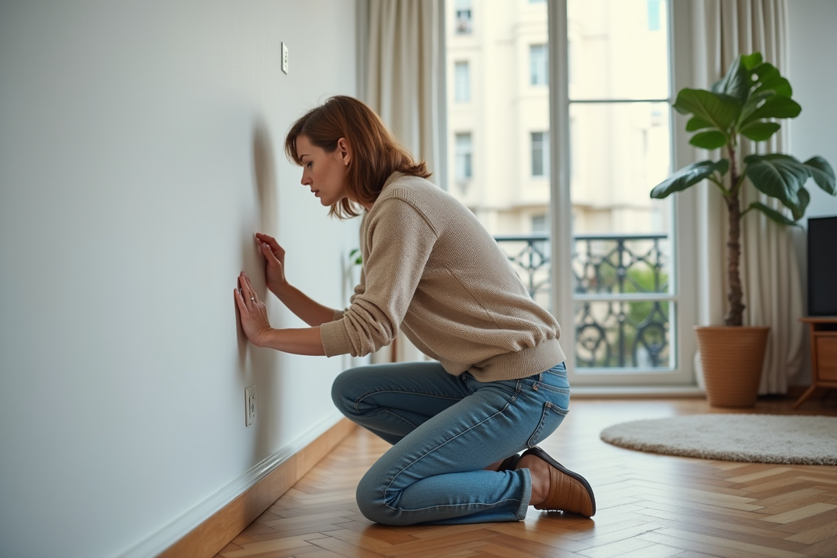 Femme française inspectant un mur blanc dans un salon parisien