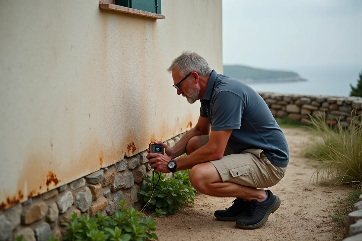 Homme inspectant les murs extérieurs d'une villa en bord de mer pour détecter des traces d'humidité et de dommages causés par le sel marin sur la côte basque