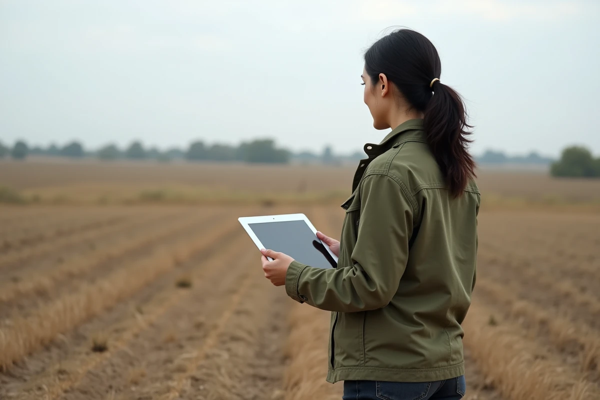Femme inspectant un terrain à bâtir avec une tablette affichant une plateforme d'évaluation foncière en ligne