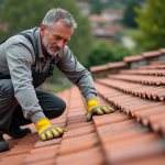 Homme inspectant un toit en tuiles rouges en extérieur