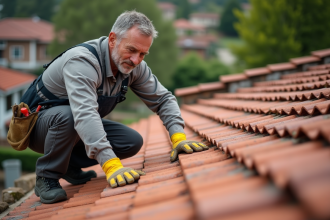 Homme inspectant un toit en tuiles rouges en extérieur