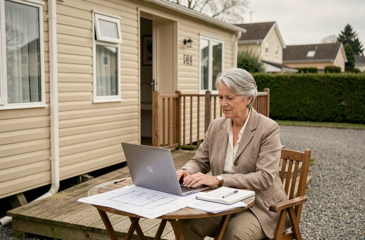 Femme propriétaire planifiant l'installation légale d'un mobil-home sur son terrain avec plans et ordinateur portable en extérieur