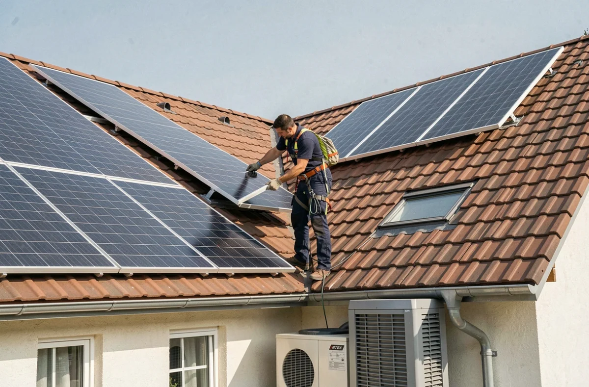Technicien installant des panneaux solaires photovoltaïques sur un toit résidentiel à Sausheim pour Optimisation Habitat Energie