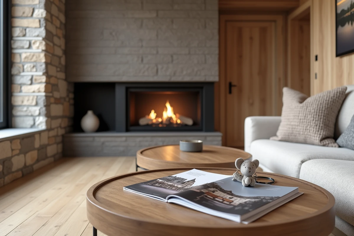 Intérieur moderne d'un appartement de montagne aux Menuires avec brochure immobilière et clés de location posées sur une table basse