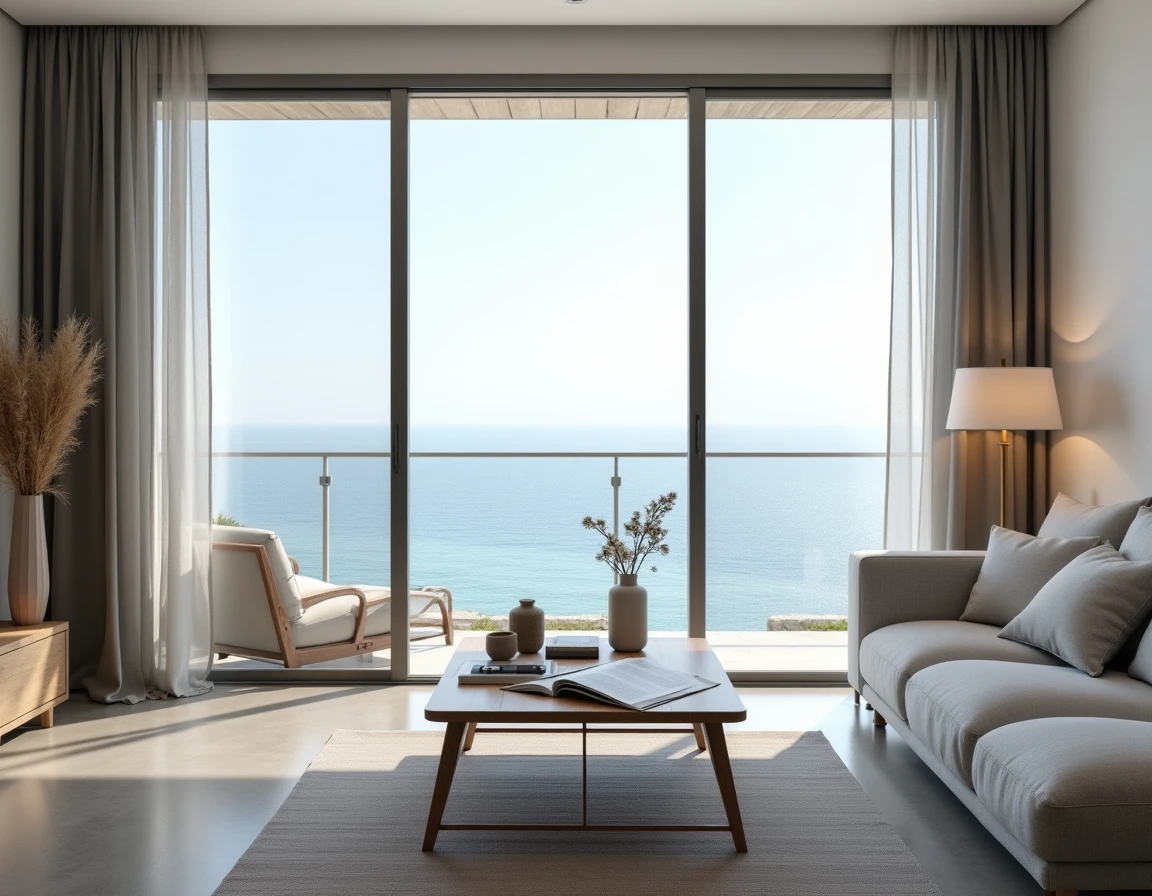 Séjour lumineux d'un appartement vue mer avec grandes fenêtres panoramiques et mobilier minimaliste