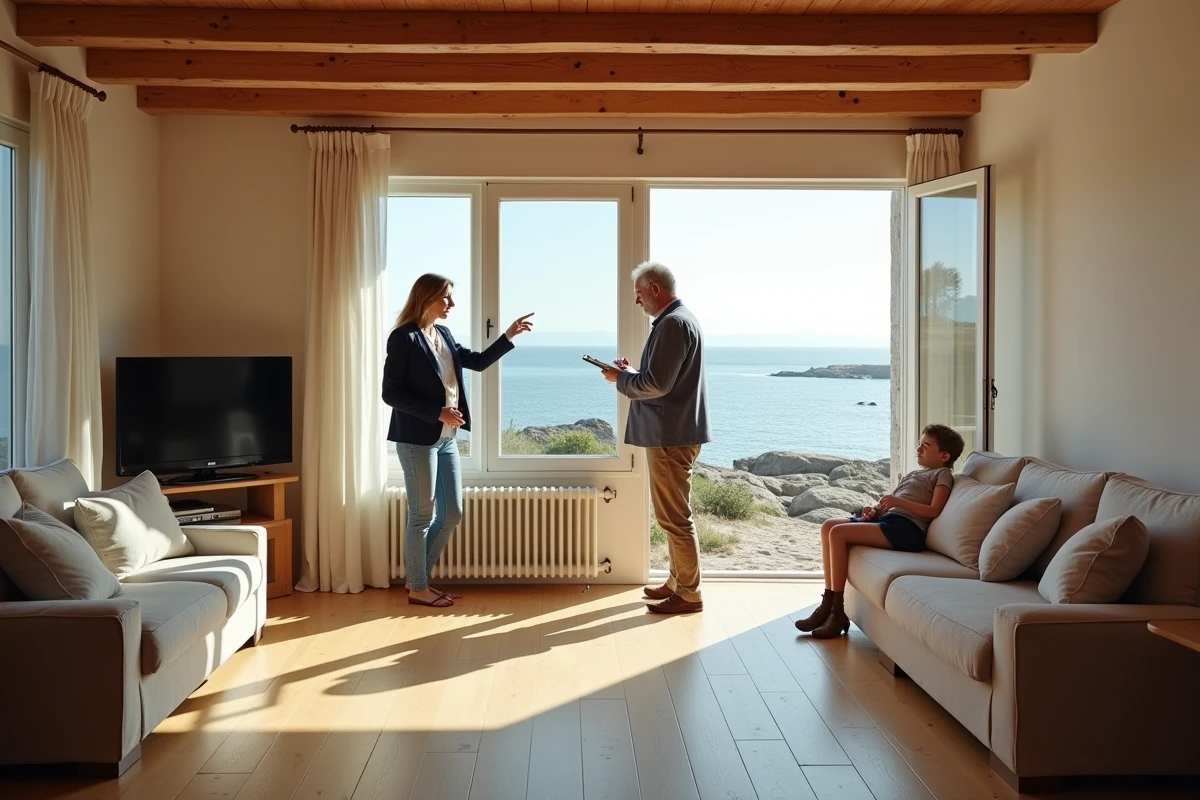 Agent immobilier présentant le salon d'une maison normande avec vue mer à un acheteur potentiel