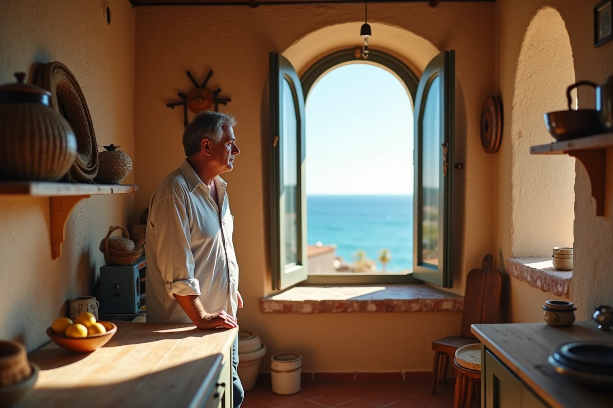 Intérieur authentique d'une maison de pêcheur méditerranéenne avec vue sur la mer et sol en tomettes