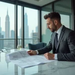 Homme d'affaires en costume étudiant des plans immobiliers de luxe dans un bureau haut de gamme avec vue sur la ville