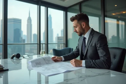 Homme d'affaires en costume étudiant des plans immobiliers de luxe dans un bureau haut de gamme avec vue sur la ville