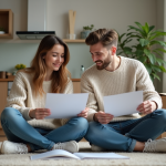 Jeune couple dans un salon en train de lire des documents d'assurance