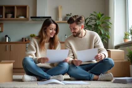 Jeune couple dans un salon en train de lire des documents d'assurance