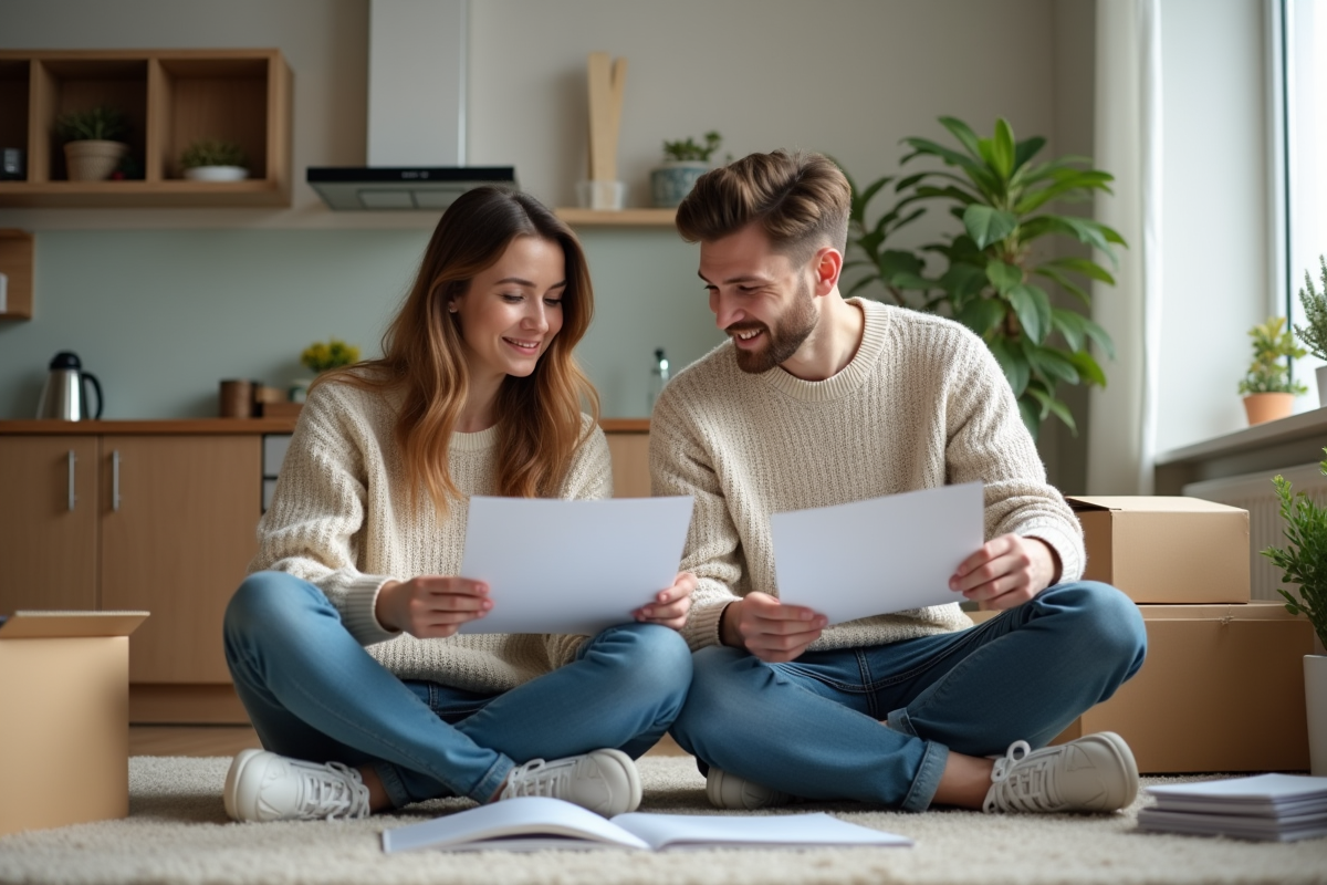 Jeune couple dans un salon en train de lire des documents d'assurance