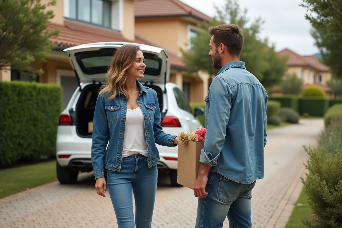 Jeune couple déchargeant des courses devant leur maison à Béziers