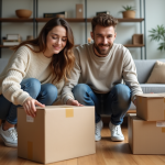 Jeune couple organisant des cartons dans un salon moderne