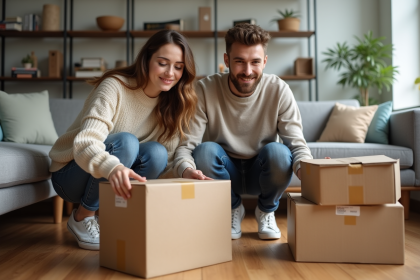 Jeune couple organisant des cartons dans un salon moderne