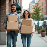 Jeune couple avec cartons devant immeuble en ville