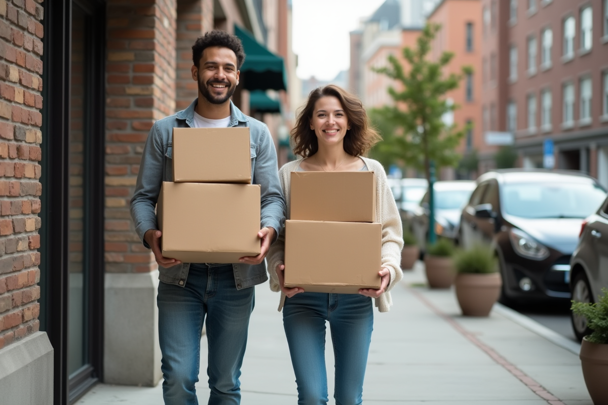 Jeune couple avec cartons devant immeuble en ville