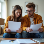 Jeune couple inquiet lisant documents dans leur salon