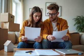 Jeune couple inquiet lisant documents dans leur salon