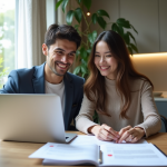Jeune couple souriant analysant documents immobiliers dans un appartement lumineux
