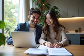 Jeune couple souriant analysant documents immobiliers dans un appartement lumineux
