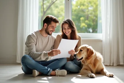 Jeune couple souriant avec chien dans maison neuve