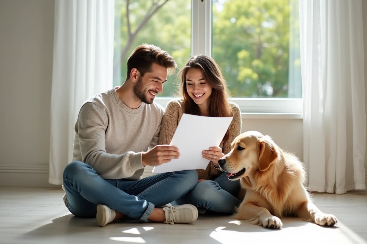 Jeune couple souriant avec chien dans maison neuve